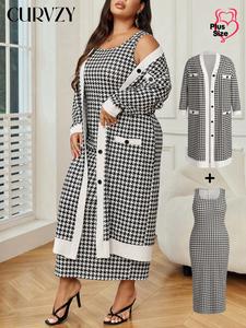CURVZY Plus Size Two-piece Set Houndstooth Print Button Front Coat & Scoop Neck Split Hem Tank Dress, Elegant Fashion Outfits for Daily Outdoor Wear, Women Clothing for Fall & Winter, Valentine's Day Outfit