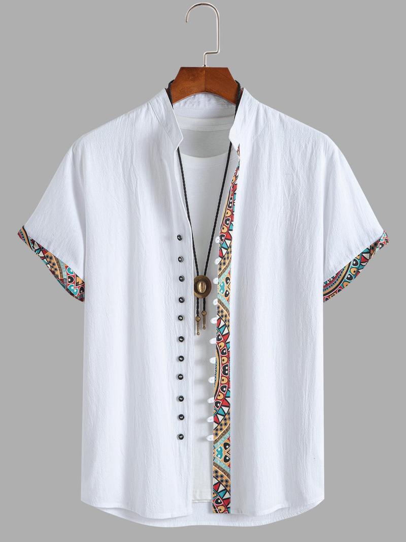 Product Introduction of Men's Contrast Trim Tribal Print Vintage Short Sleeve  Shirt, Regular Fit Casual Comfy Button Front Mock Neck Top for Summer, Fashion Men's Clothes for Daily Wear 3
