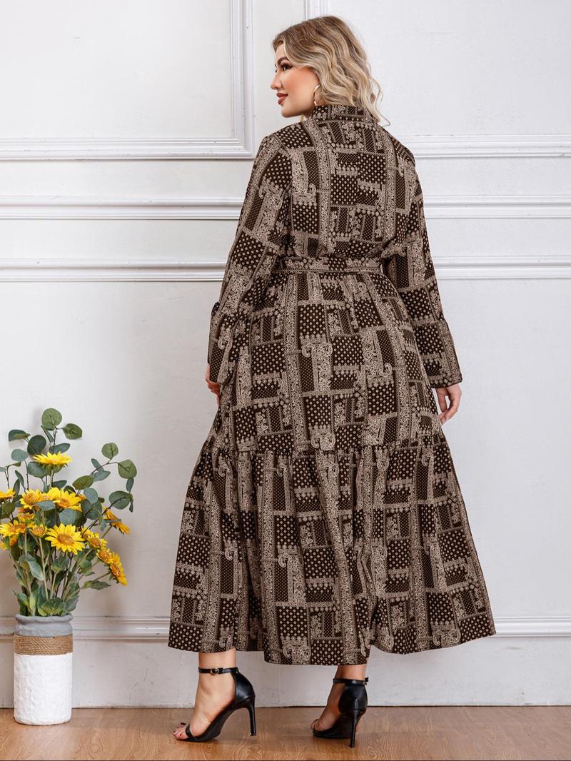 Product Introduction of 【Plus Size】 All Over Print Belted Notched Neck Dress, Elegant Flounce Sleeve Dress for Women, Women's Clothing for Summer 2