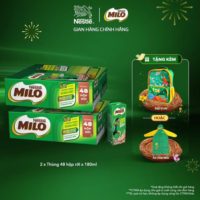 Nestlé VN Combo 2 thùng Sữa lúa mạch Nestlé MILO thùng 48 hộp x 180ml - ST tặng balo ý chí hoặc áo mưa MILO
