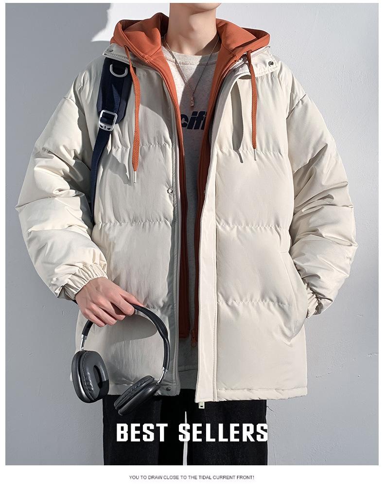 Product Introduction of 2025 Autumn and Winter New Couple's Cotton-Padded Coat Men's False Two Pieces Casual Jacket Loose Detachable Hooded plus Size Women's Bread Coat 24