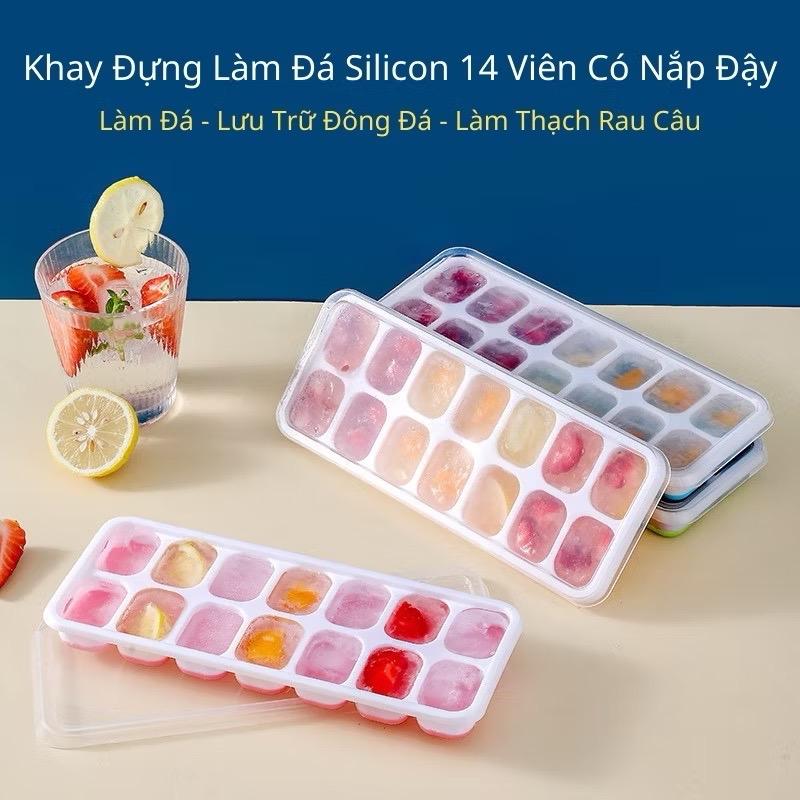 Combo 5 Khay Làm Đá Silicon Có Nắp Đậy 14 Viên - Khay Đựng Đá Tủ Lạnh, Làm Đá Thạch Kem Bảo Quản Chống Mùi, Vách Chống Tràn - TT79