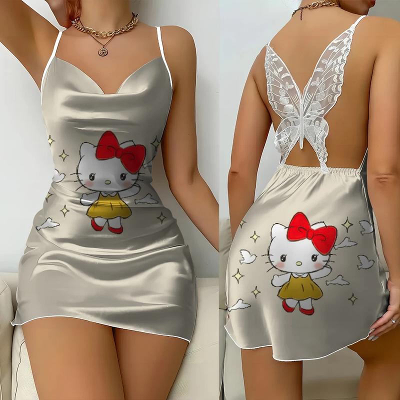 Váy Ngủ In Hình Hello Kitty, Sanrio, Vải Satin Mùa Hè, Thiết Kế Hở Lưng Gợi Cảm, Ren Bướm, Phong Cách Mặc Lót, Thích Hợp Để Nhập Vai Và Mặc Thường Ngày Váy Mặc Ngủ Thoải Mái Cho Nữ 7