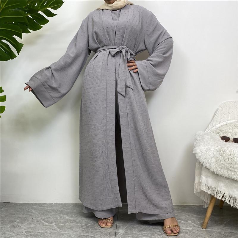 Product Introduction of Robe Three-Piece Set Long Cardigan Sleeveless Top and Pants with Pockets Muslim Islamic Clothing 1958 19