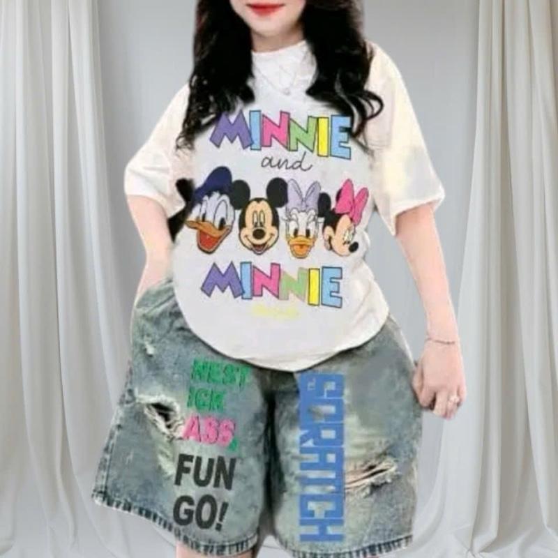  Sét jeans bộ phối áo cotton 4c quần jeans lửng lưng thun in micky quần ko rách  Nữ 