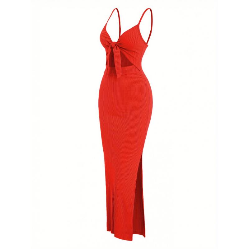 Sleeveless V-neck Knot Front Cami Dress,  Cut Out Split Hem For  & , Women's Clothing 7