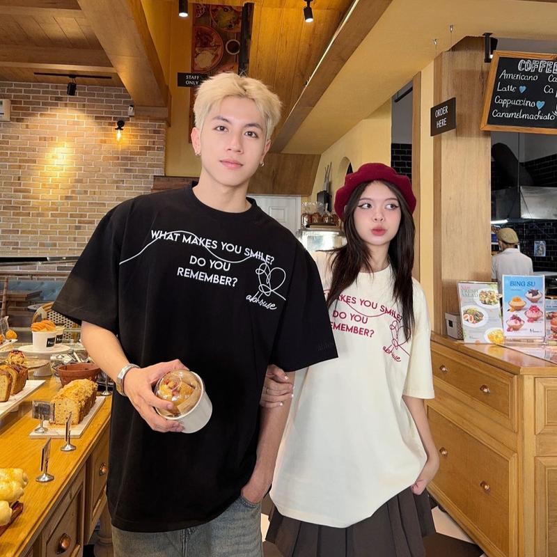 AB HOUSE - Áo thun 300gsm REMEMBER form rộng hình thêu thời trang nam nữ Cổ Tròn Cotton Unisex Kem Đen Top