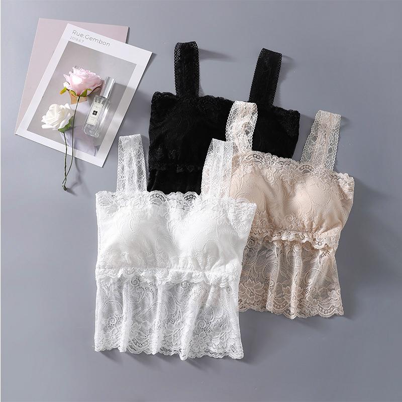 KimBraSG Áo bra ren nữ 2 dây dáng dài qua eo dây bản to có mút ngực siêu dễ thương phù hợp mặc trong vest, blazer - Top, Women Voi Voan