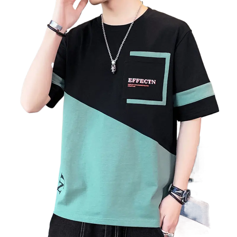 Men's Fashion Short Sleeved T-shirt New Summer Color Contrast Sleeve T-shirt Round Neck Casual Shirt T-shirt