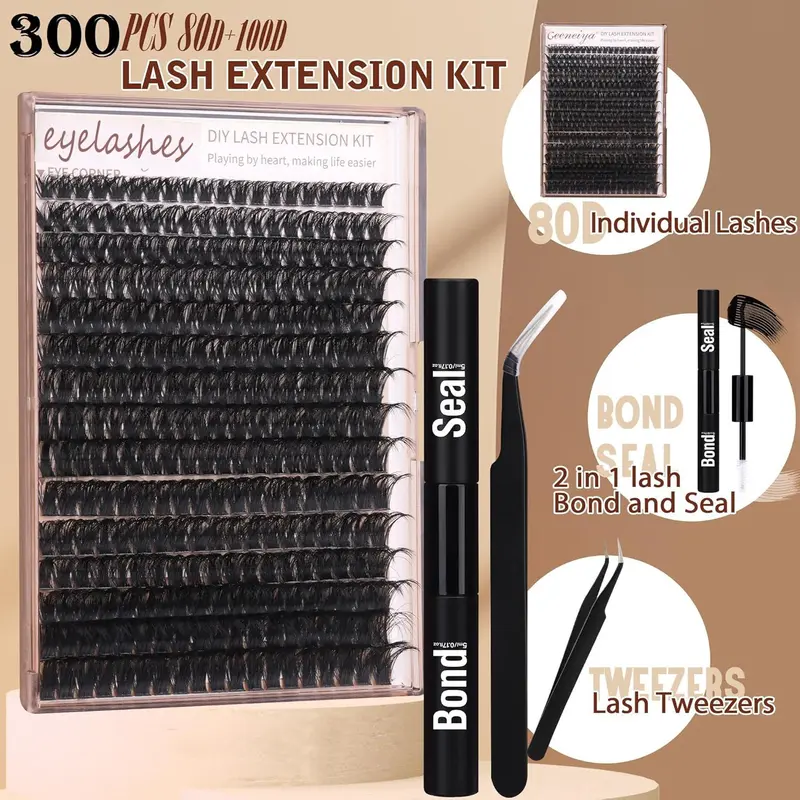 Black Eyelash Extensions Kit, 1 Set Including 294pcs D Curl Eyelashes, 1 Eyelash Glue & 1 Tweezers, Professional Eye Makeup Accessories for Women, Cosmetic, DIY Cluster Lash 2