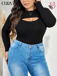 CURVZY Plus Size Solid Cut Out Ribbed Bodysuit, Casual Long Sleeve Bodysuit for Daily Wear, Women's Plus Clothing for All Seasons