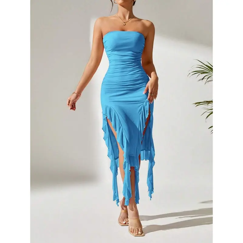 Ruched Split Thigh Ruffle Trim Tube Dress,Pastel Dresses For Women 8