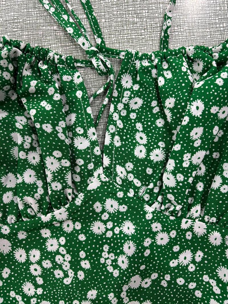 Product Introduction of Women's Ditsy Floral Print Shirred Split Thigh Cami Dress, Elegant Sleeveless Spaghetti Strap Dress for Summer, Ladies Clothes for Beach Holiday 7
