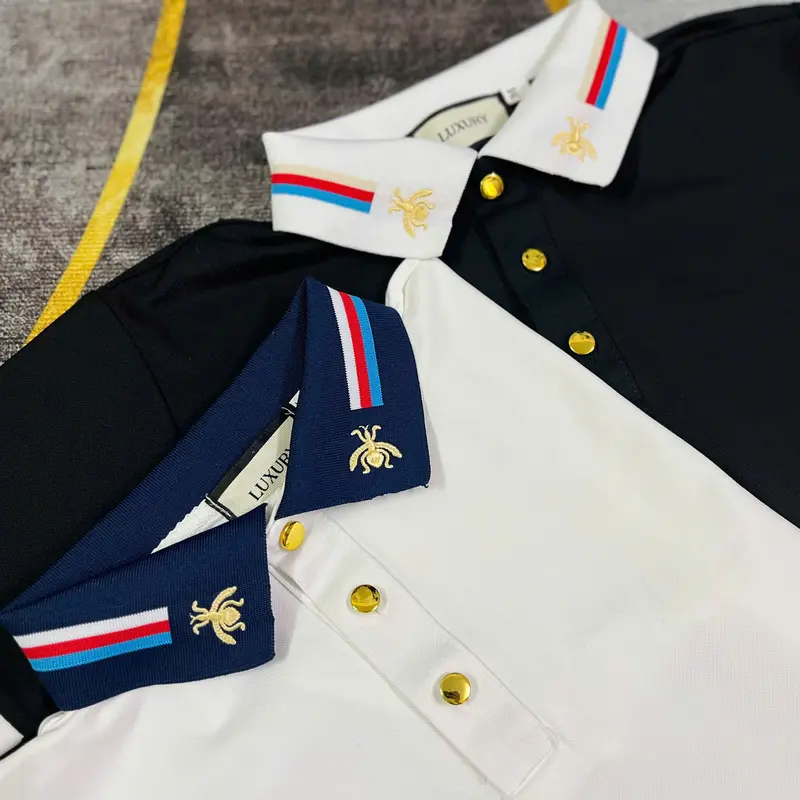 Áo Polo Nam Q.C , Cổ Hoạ Tiết Dệt Ong Nút Vàng, Chất Vải Gai Dệt Kim Sợi Nhỏ, Co dãn Cao Cấp