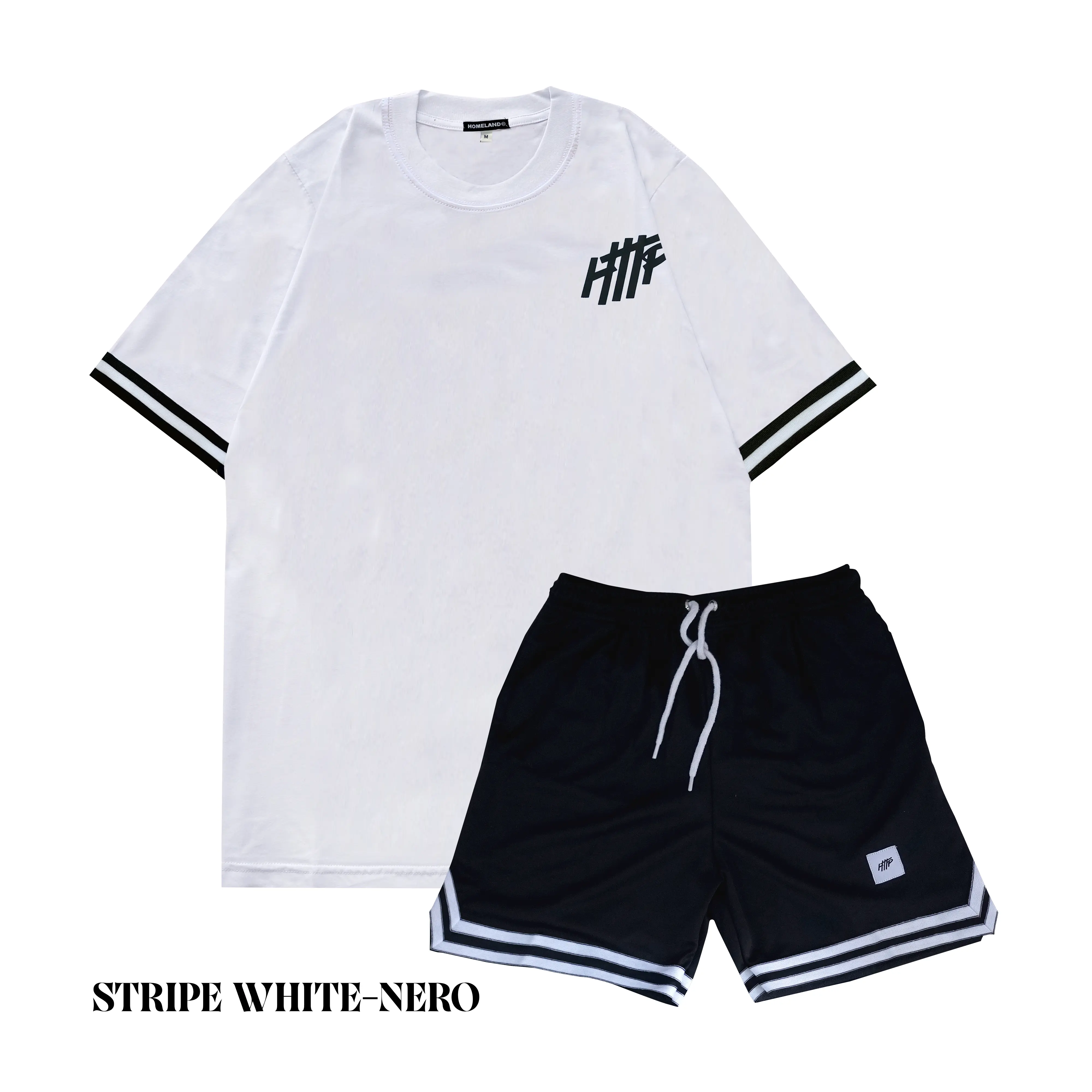 Bundling Stripe White Grande T-shirt Celana Pendek Boardshort Kaos SatuSet Setrip pria panjang Hitam Polos Santai Setelan Katun Combed Distro