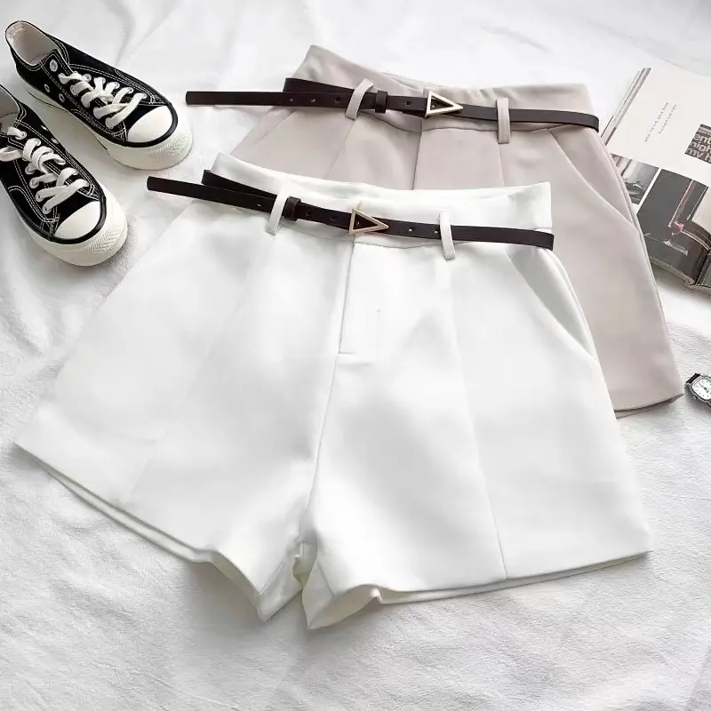 Casual Women's Shorts A-line High Waist Short Chic Office Lady Shorts With Belted Vintage Female Trousers Spring Summer Fabric Fit Womenswear Pants 1