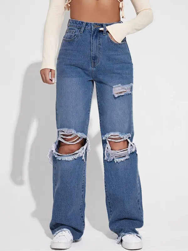 Women's Ripped Jeans, Casual Comfy Button Pocket Denim Trousers for Summer, Fashion Women's Bottoms for Daily Wear 5