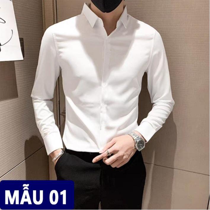MẪU 01-05 Mẫu áo sơ mi nam vải lụa thái cao cấp che khuy cúc áo sang trọng Menswear Shirt Có Cổ