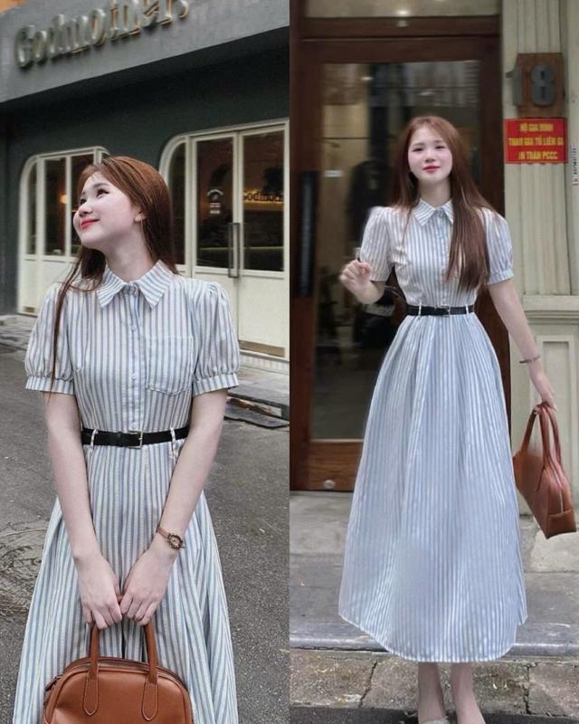 đầm sơ mi dáng dài kẻ sọc kèm đay nịt siêu xinh màu xanh nhẹ nhàng nữ tính đi chơi đi làm dáng công sở Women