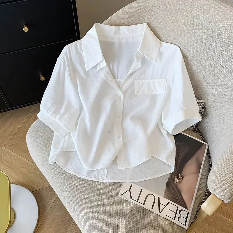 White Polo Collar Short Sleeve Shirt for Women Summer New Cardigan  Breathable Petite Short Top fitted button - TikTok Shop Philippines