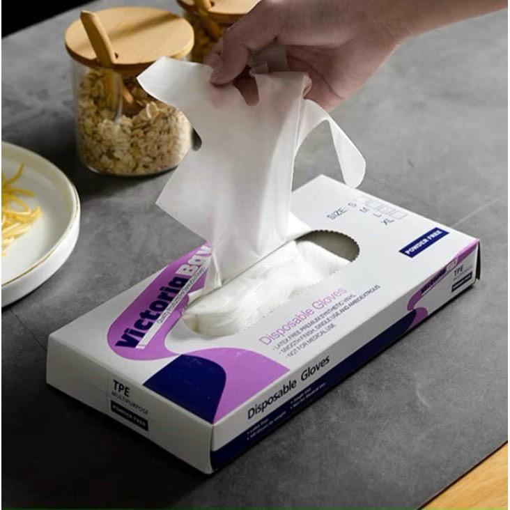 Hộp 100 găng tay cao su TPE Victoria Bay bao tay siêu dai dùng 1 lần làm bếp nấu ăn vệ sinh