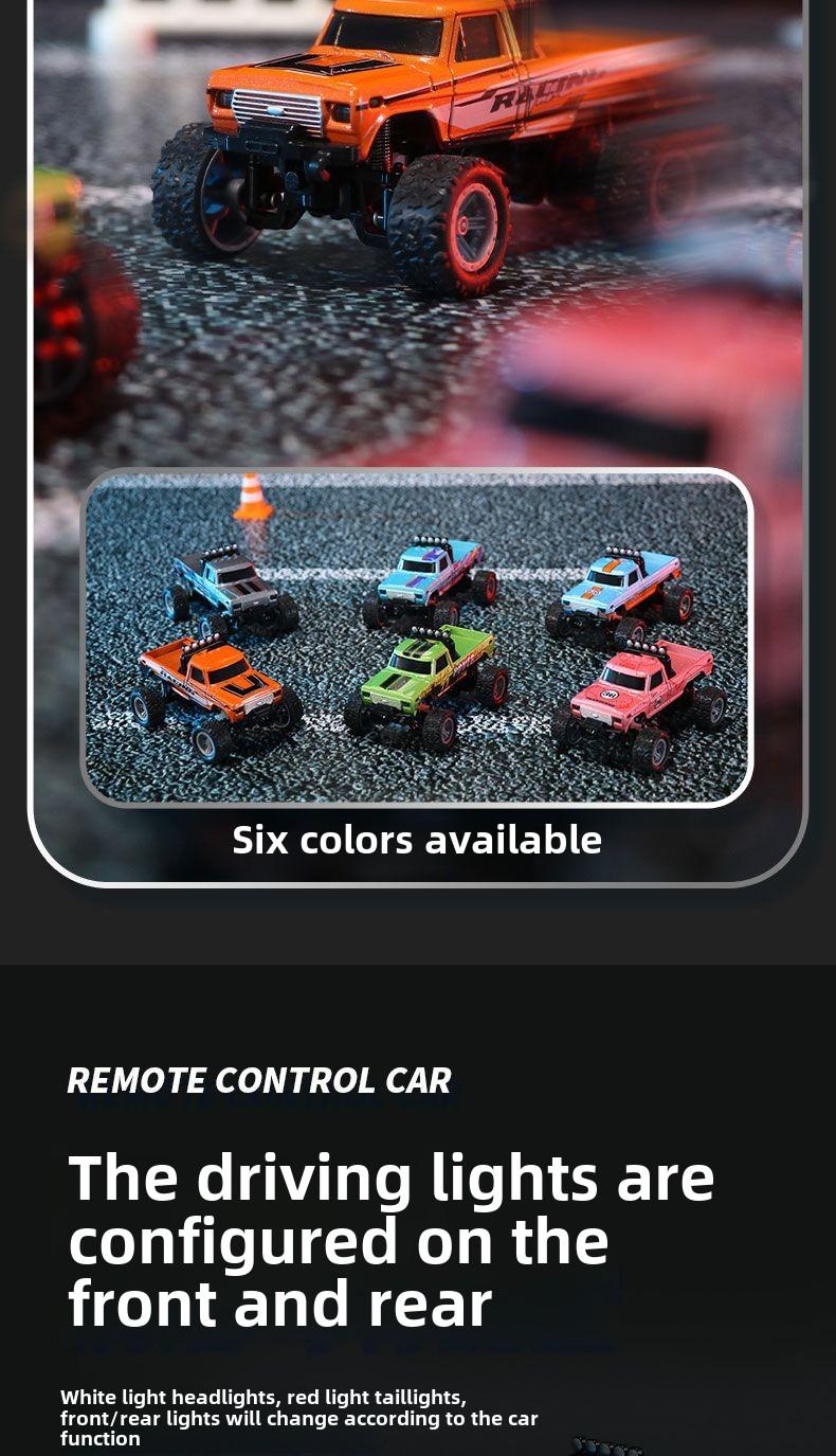 Product Introduction of Off-road Bigfoot 1:64 speed mini remote control car alloy appearance cool lights shock absorption children's toys 16