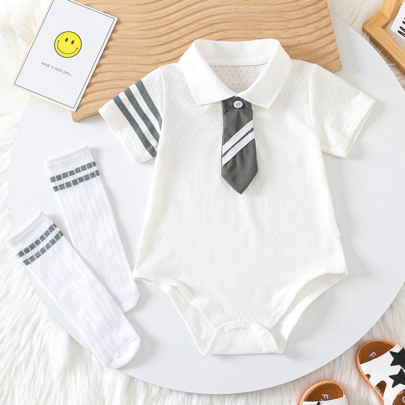 Quần Áo Trẻ Em Áo Liền Quần Ngắn Tay Cho Bé Trai Và Bé Gái, Bao Gồm Tất, Phong Cách Preppy, Làm Bằng Bông, Thích Hợp Cho Trẻ Sơ Sinh Mùa Hè, 0-24 Tuổi, Hàng Mới Về 1