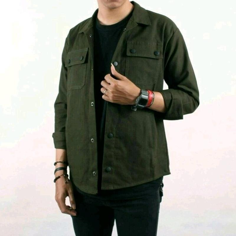 Jaket Semi Parka Casual Trucker Canvas Pria Mewah dan keren Army Hijau Maroon Mustard Hitam Biru Merah Navy Panjang Muda Kancing 3