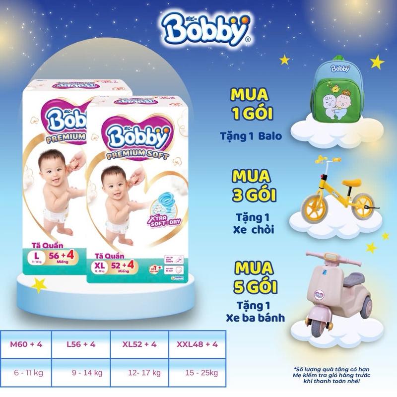 Tã quần Bobby Premium Soft size M64/L60/XL56/XXL52 cho người em bé yêu