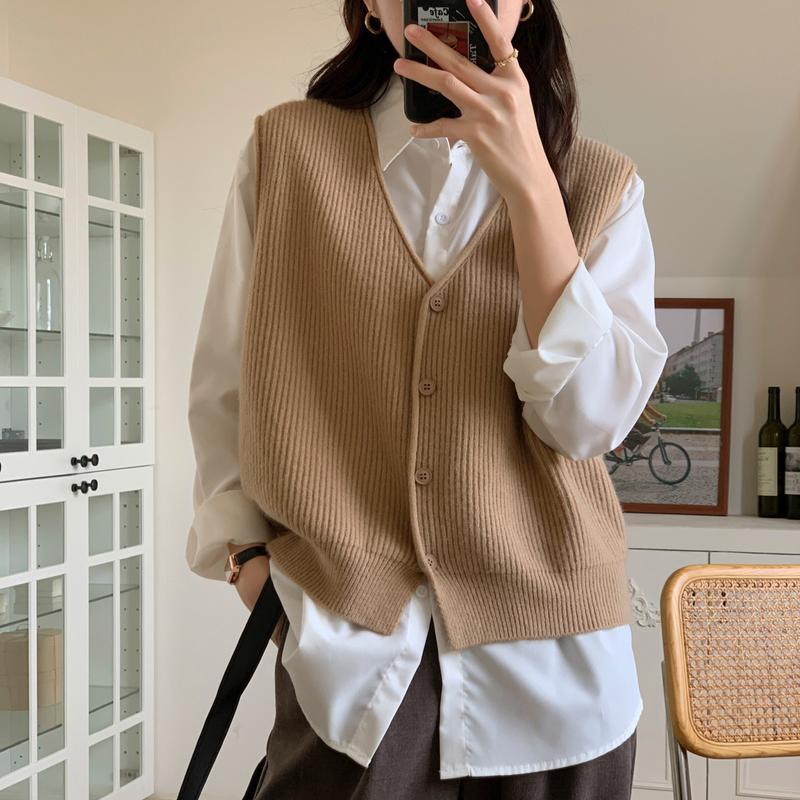 Áo Vest Cardigan Cổ Chữ V, Phong Cách Thanh Lịch Châu Âu Và Mỹ, Áo Vest Mặc Bên Ngoài Ngoài Trời Mới Mùa Thu Cho Nữ, Đồ Len, Áo Không Tay Ngắn, Dành Cho Nữ Women Top 1
