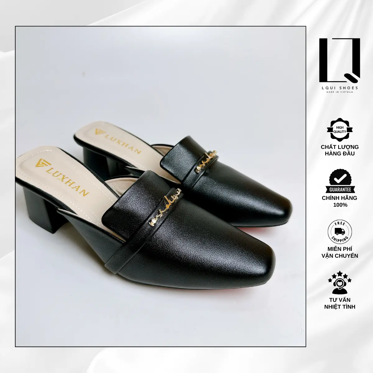 Sục Nữ Mũi Vuông Gót cao 3 Phân, 5 Phân Chất Da Mờ Cao Cấp Đính Chữ Sang Trọng [ Chuẩn Size ] Shoes Nữ DéP GiàY