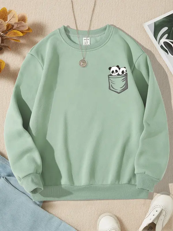 NEOCLOTH Sweater PANDA Wanita Crewneck Oblonng Remaja Dewasa Cewe flecce Murah Santai Hitam Coksu Mint Denim Fleece Panjang 0