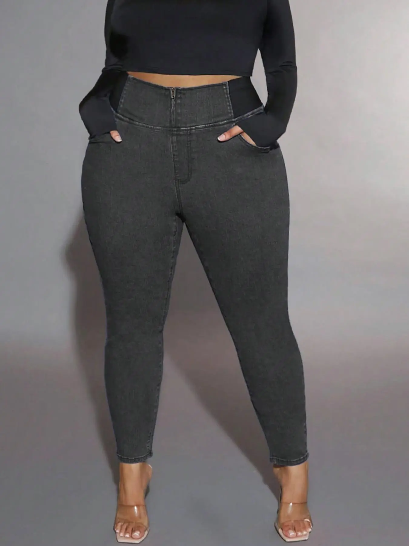 【Plus Size】 Solid Color Patchwork Skinny Jeans, Casual Comfy Fashionable Jeans for Daily Wear, Women's Bottoms for All Seasons