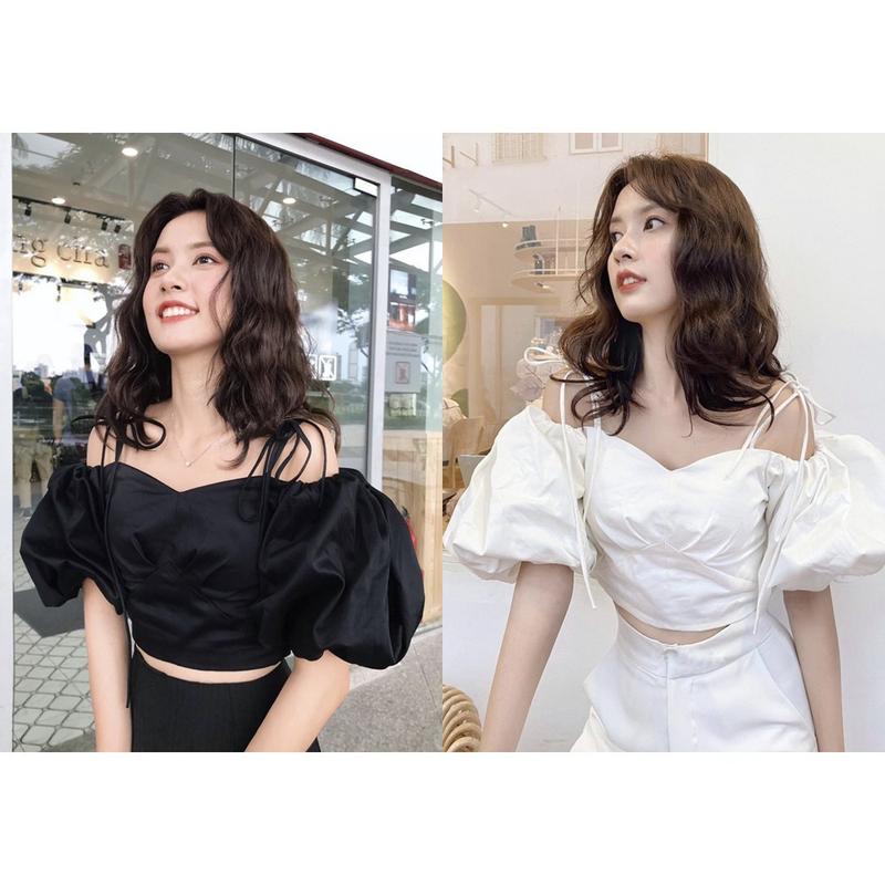Áo sơ mi croptop Nữ tay phồng dây thắt vai lưng chun xinh xắn DG 4233