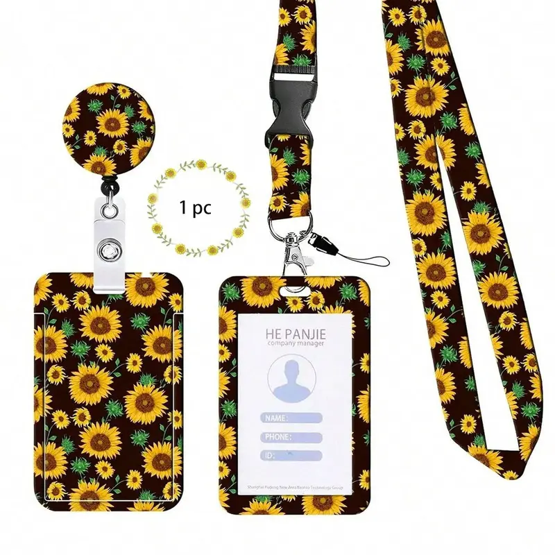 Sunflower Pattern Card Holder with Lanyard, 1 Count Slide Card Cover with Easy Pull Buckle Lanyard, Identification Badges & Supplies for School Office 4
