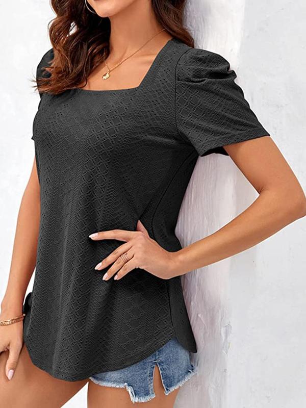 Women's Plain Eyelet Embroidery Puff Sleeve Tee, Fashion Casual Short Sleeve Square Neck T-shirt for Summer, Women's Top for Daily Wear, Womenswear 6