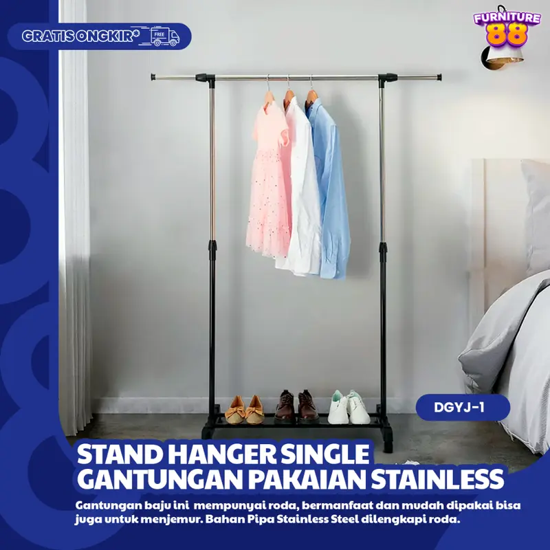 FURNITUR88 Stand Hanger Gantungan Baju Single Bahan Pipa Besi Stainless Dengan Roda Plastik ABS Untuk Gantungan Pakaian Handuk DLL COD 1