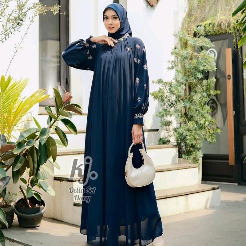 Gamis Ceruty Bordir set Hijab Gamis Delia set Original Khadijah mode 6