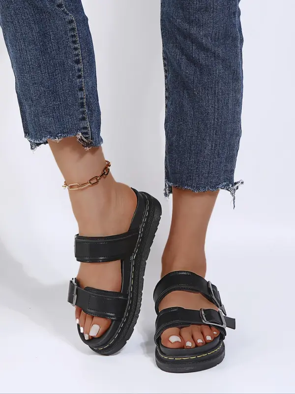 Women's Fashionable Plain Color Buckle Decorated Flat Sandals, Casual Comfortable Sandals for Summer, Lightweight Breathable Shoes for Daily Wear, Girl 4