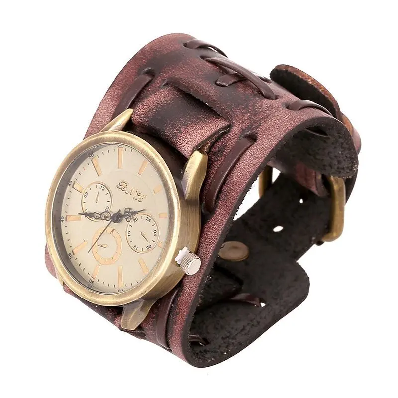 Fashion High-End Watch Classic Model Trendy Retro Woven Leather Bracelet Watch for Men, Punk Style, Wide Leather Strap, Popular Jewelry