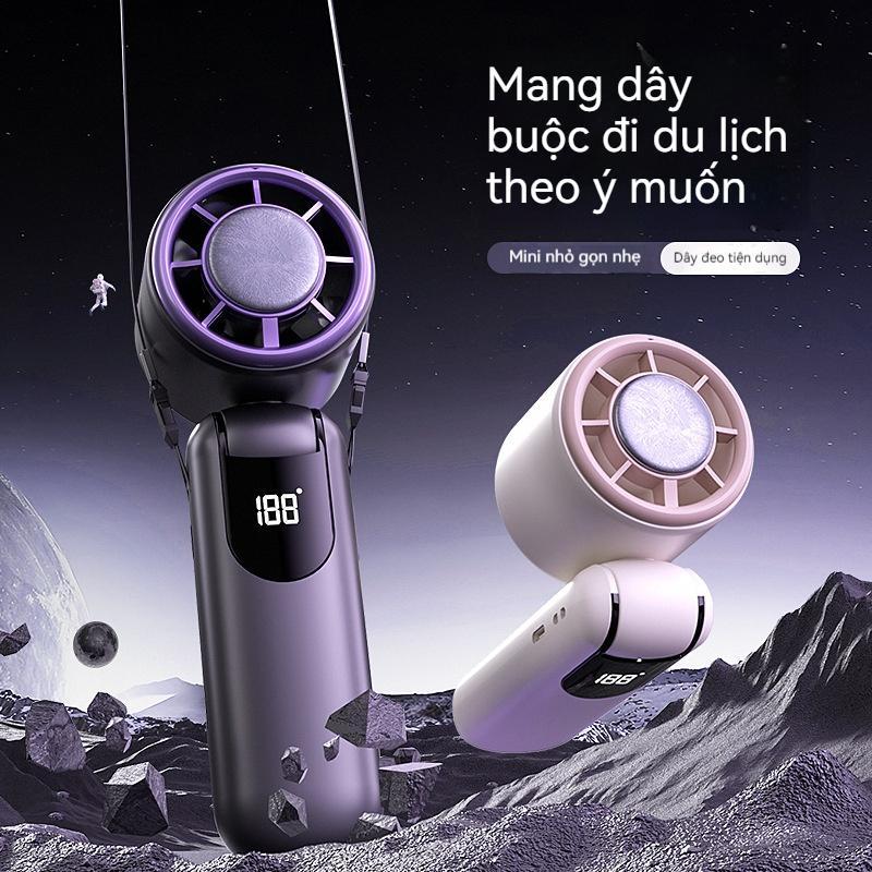 Quạt Cầm Tay REKKY, Quạt Mini 6000 mAh Sạc Pin Chạy Liên Tục 24h Với 5 Cấp Độ Gió, Tặng Dây Đeo Cổ Và Vòng Thơm