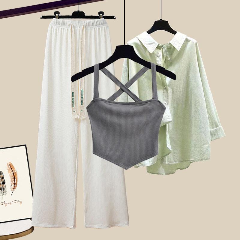Product Introduction of plus Size Women's Summer Suit Female 2024 New Slim Korean Style Shirt Cross Tank Top Wide Leg Pants Three-Piece Suit Suit 19