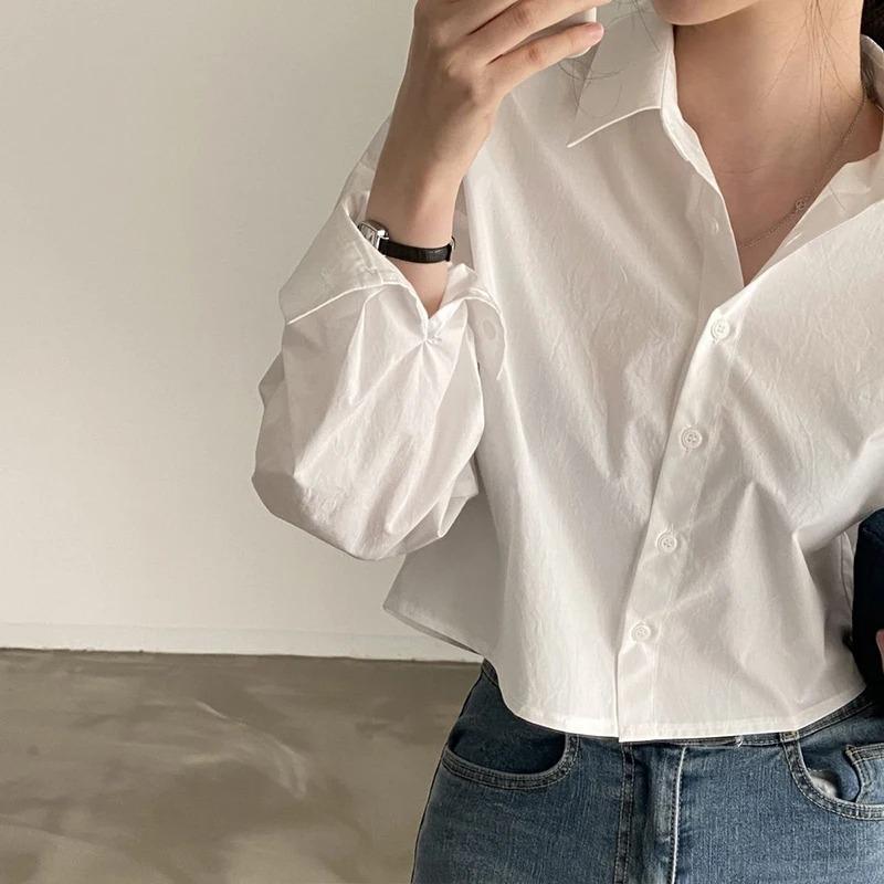 Product Introduction of Fashion Short Shirts Women Korean Chic Loose Solid Color Long Sleeve Crop Tops Female Casual Elegant Button Split Turn Down Collar Blouse 23