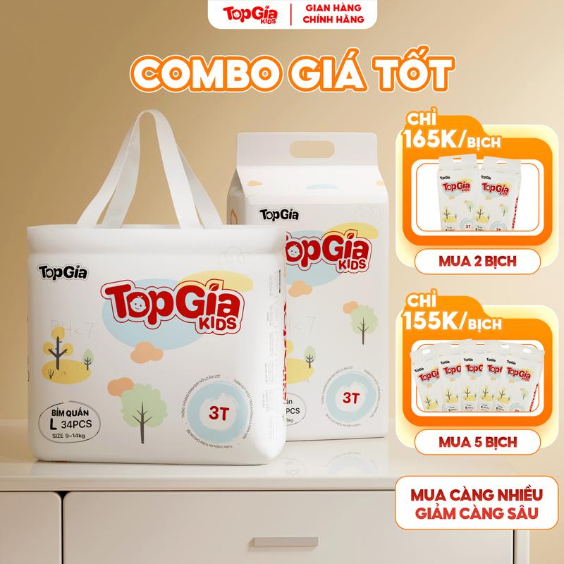 (COMBO GIÁ TỐT) Tã Bỉm Topgiakids pH<7 an toàn cho da bé, mềm mại, mỏng nhẹ, chống tràn tối đa, tặng kèm 2 miếng dùng thử (TDN)