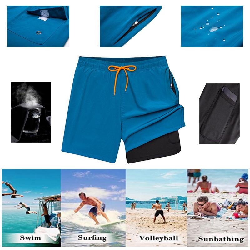 Product Introduction of European and American Men's Swim Shorts with Zipper Pocket, Two-in-One Beach Shorts, Anti-Embarrassment, Quick-Dry, Water-Resistant Lining Shorts 4