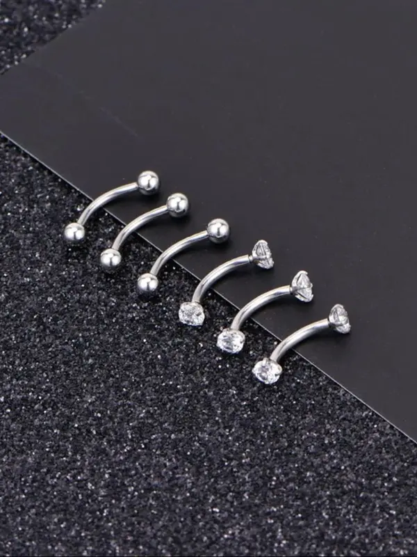Simple Rhinestone Decorated Body Piercing Jewelry, 6pcs Stainless Steel & Cubic Zirconia Earrings, Belly Lip Ring, Eyebrow Studs, Body Piercing Jewelry for Party, Daily Clothing Decor, Trendy All-match & Exquisite Jewelry for Birthday Gift 2