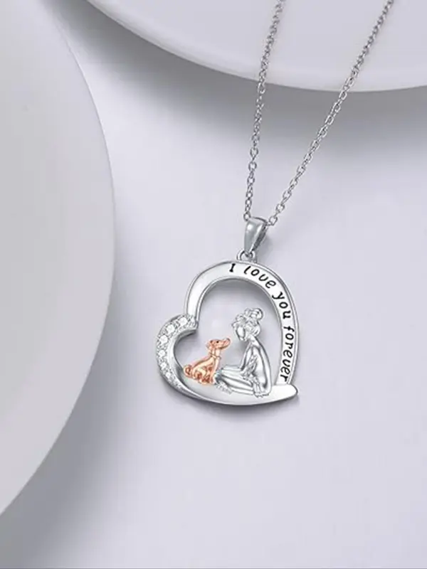 925 Sterling Silver Cute Dog & Girl Design Heart Shaped Pendant Necklace, Fashion Rhinestone Decor Jewelry for Party, Daily Decor, Trendy All-match & Exquisite Jewelry for Birthday Gift 3