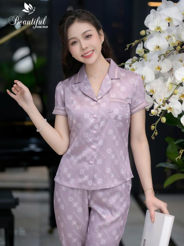 Đồ bộ nữ mặc nhà Y655B Lụa Mịn tay cộc TÍM phi tiêu cổ PJM 1