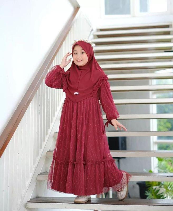Gamis Set Hijab Anak Terbaru Fashionable 10-15 Tahun Shakila Full Tilledot 2