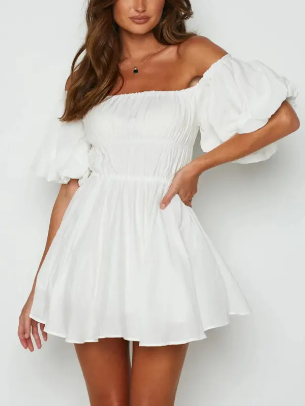 Women's Plain Bubble Sleeve Dress, Elegant Off Shoulder Short Dress for Party Holiday Wedding Guest, Ladies Clothes for All Seasons 3